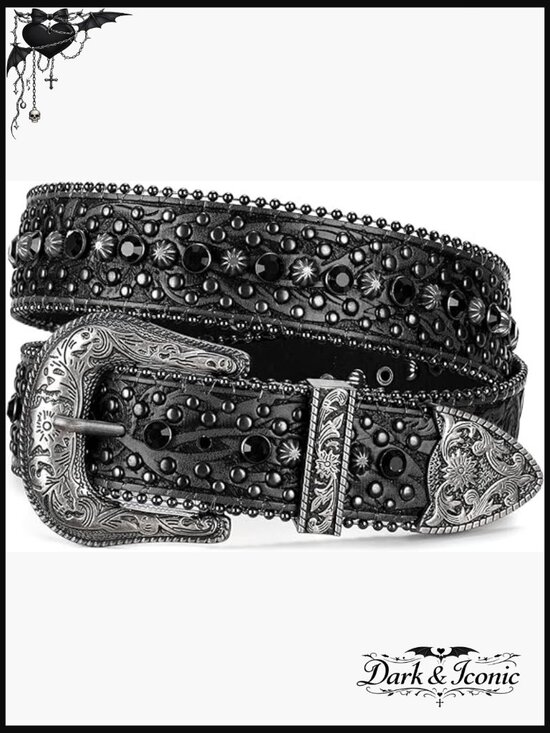Rhinestone Studded Western Belt for Jeans - Adjustable Faux Leather